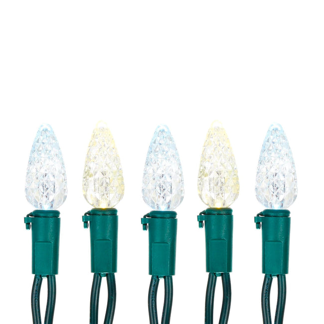 NOMA C6 String Lights 5 Bulbs on White Background: 3 Pure White Bulbs and 2 Warm White Bulbs on Green Wire