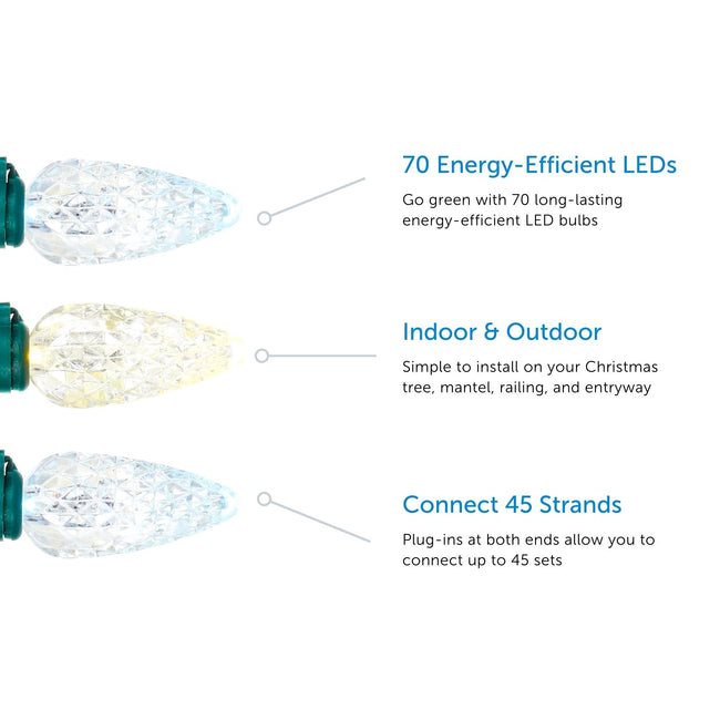 NOMA C6 String Lights Feature Call Out. 3 Features listed on a White Background with 1 Warm and 2 Pure White Bulbs on left hand side