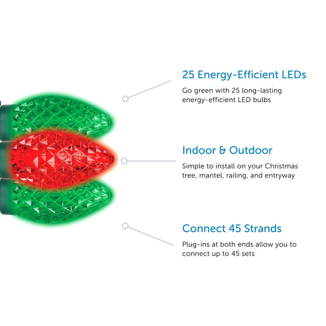 NOMA C9 String Lights Feature Call Out. 3 Features listed on a White Background with 3 Red & Green Bulbs on left hand side