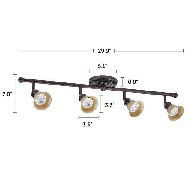Stratford Track Lighting Kit Adjustable Ceiling Fixture - 4-Light - Cream & Oil Rubbed Bronze with dimensions of 29.9" x 7.0"