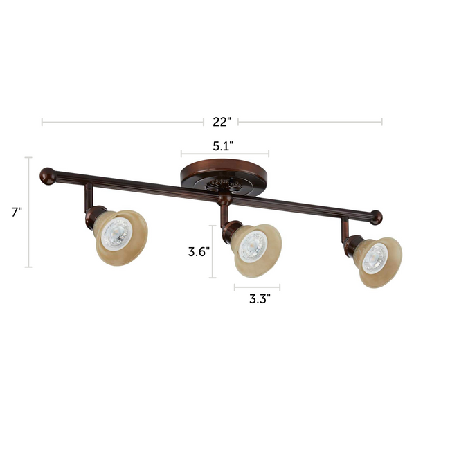 Stratford Track Lighting Kit Adjustable Ceiling Fixture - 3-Light - Cream & Oil Rubbed Bronze with dimensions of 22" x 7" 