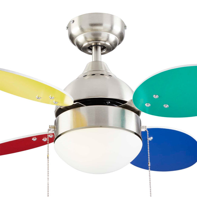 Ollie Ceiling Fan with LED Light - 4 Blades - Multi-color & White Blades close up 