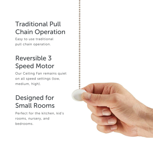 Ollie Ceiling Fan pull chain operation, reversible motor and room capacity callouts