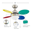 Ollie Ceiling Fan brushed nickel, frosted glass and colored blade call-out